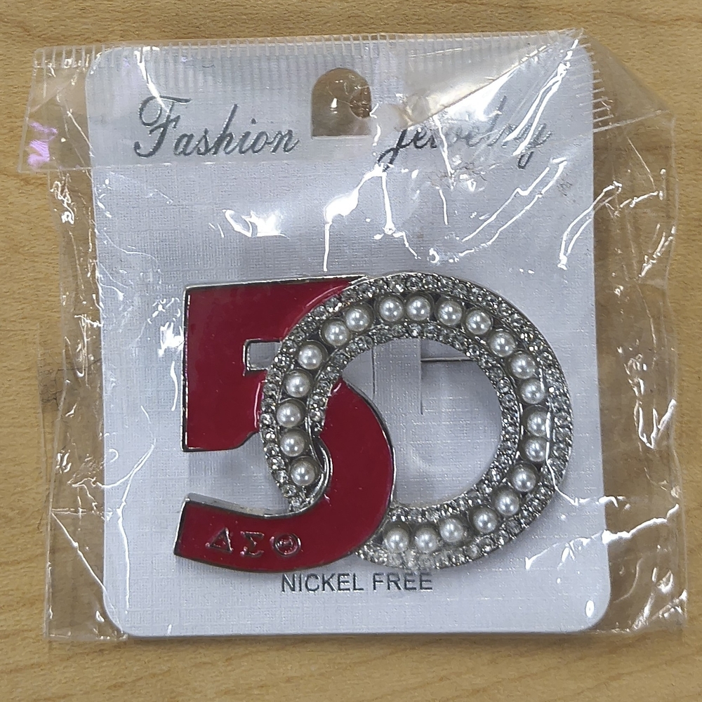 Pearl-Accent Red Number 5 Brooch - Fashion Jewelry